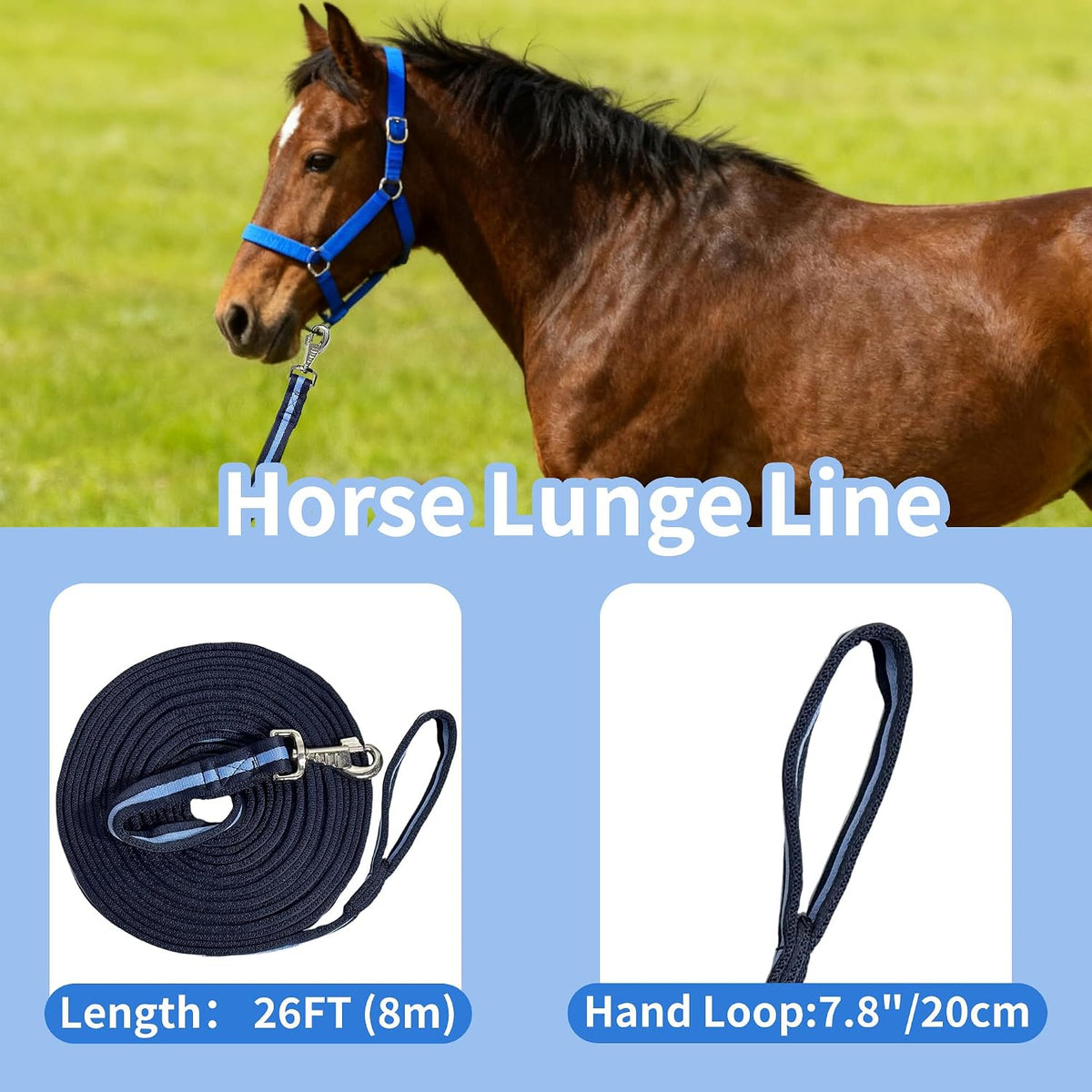 26FT Horse Lunge Line with Tangle-Free Swivel Snap,Quick Release,Heavy Duty Flat Training Rope for Lunging
