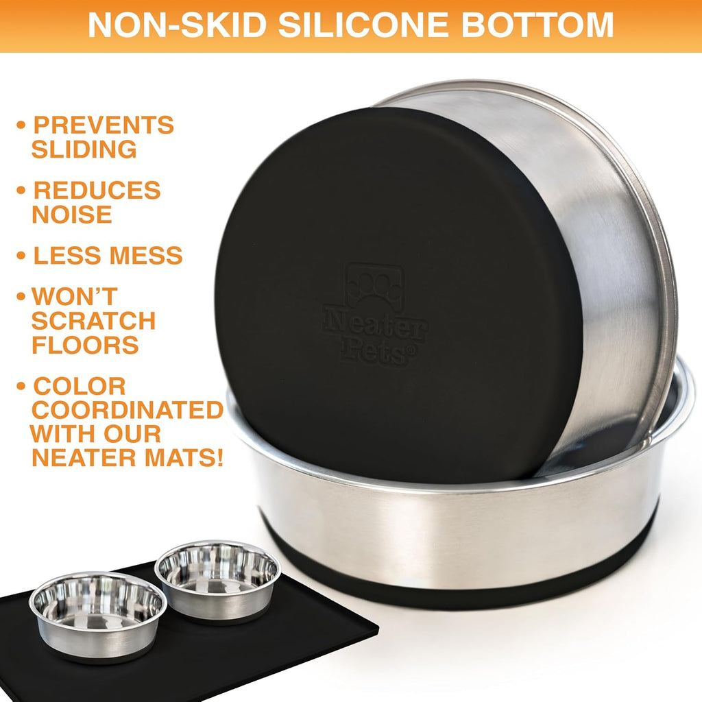 Stainless Steel Dog Bowls with Non-Slip Rubber Bottom – Set of 2, 6 Cup (48 oz), Black - Heavy Duty Metal Dog Bowl