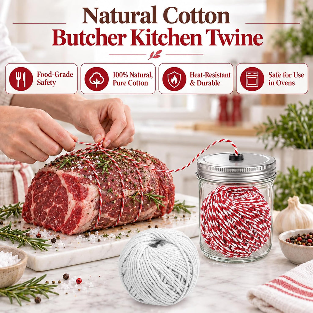 2 Roll 230FT Kitchen Twine for Cooking with Glass Jar Dispenser, Red&White