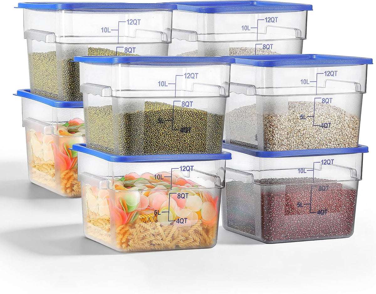 8 Pcs 12 QT Food Storage Container with Blue Lids, Handle BPA-Free Polycarbonate Hot Cold Resistant Large Square
