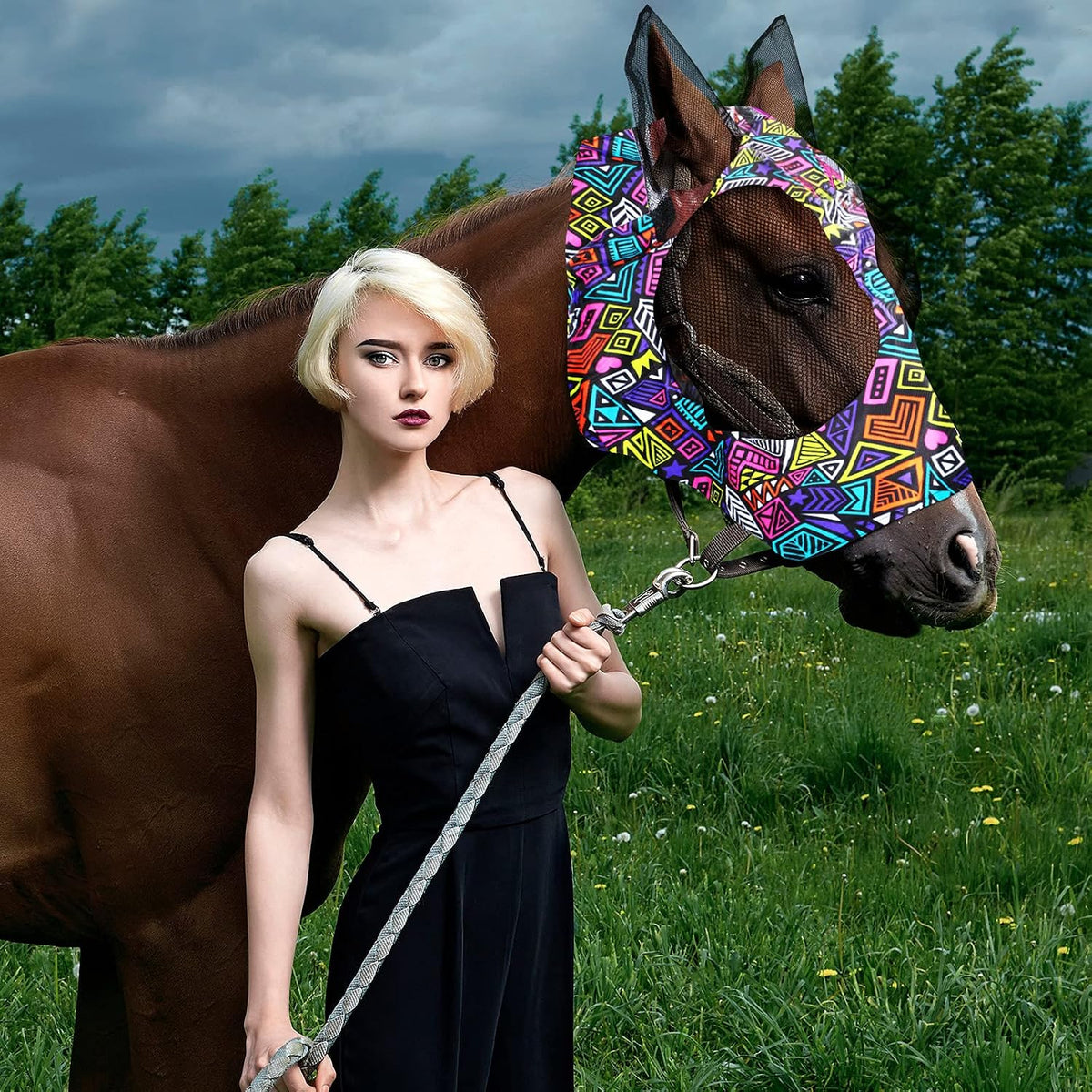 4 Pcs Horse Fly Mask with Ears Mesh Comfort, Geometric, Large