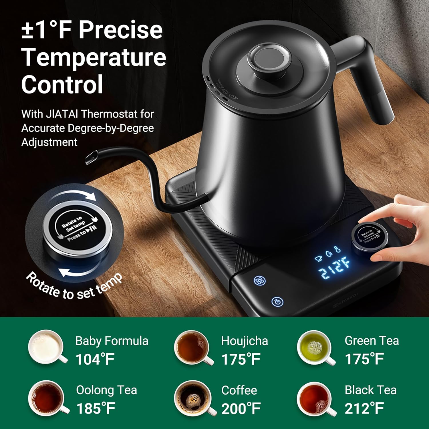 Gooseneck Electric Kettle HIYAKOI with ±1℉ Temperature Control, Pour Over Kettle for Coffee & Tea, 1200W Rapid