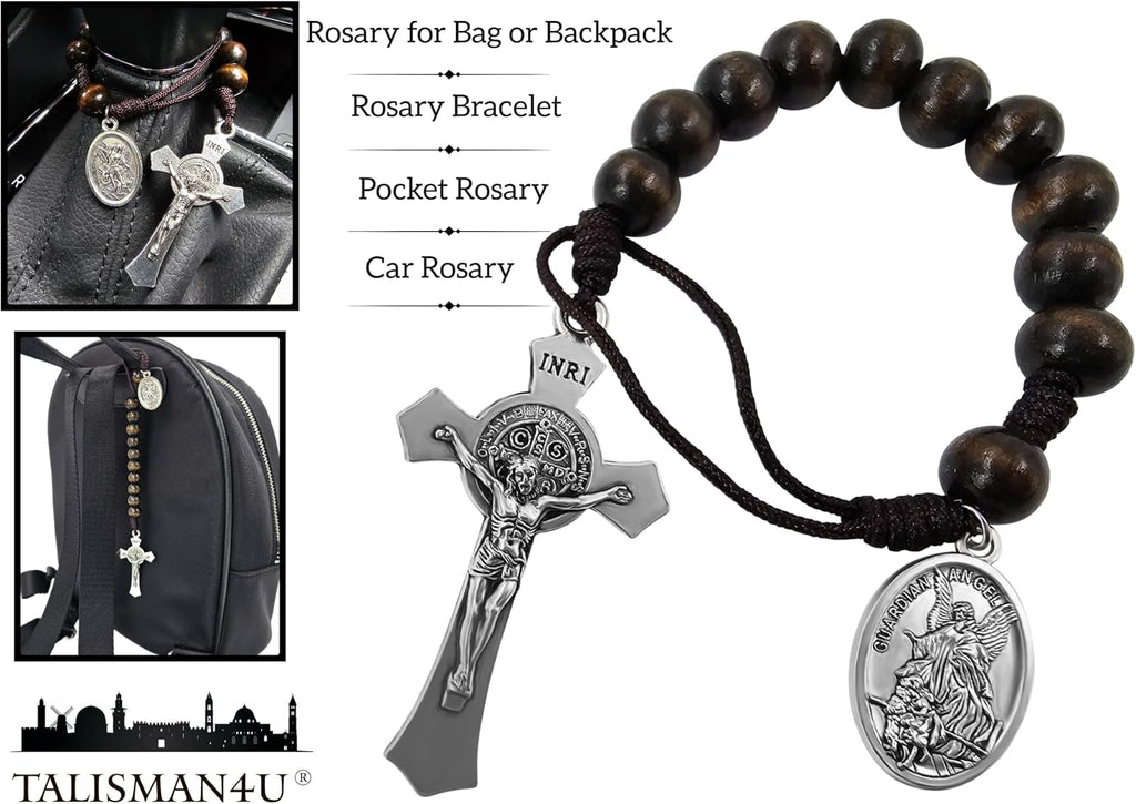 Saint Benedict Medal Crucifix One Decade Pocket Rosary Wood Bead