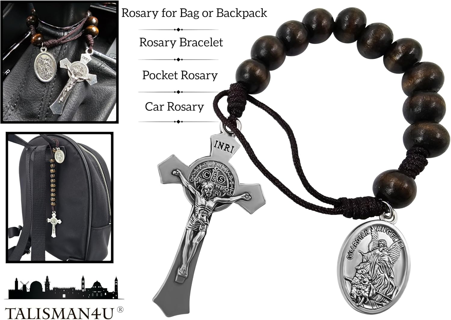 Saint Benedict Medal Crucifix One Decade Pocket Rosary Wood Bead