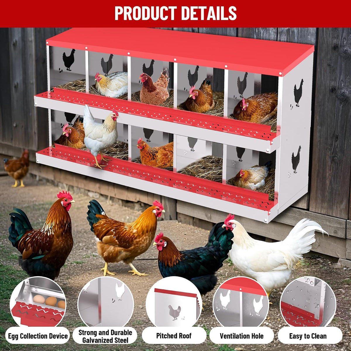 10 Compartment Chicken Nesting Box, Nesting Boxes for Chickens, Metal Chicken Laying Boxes with Perch, Secure Lid