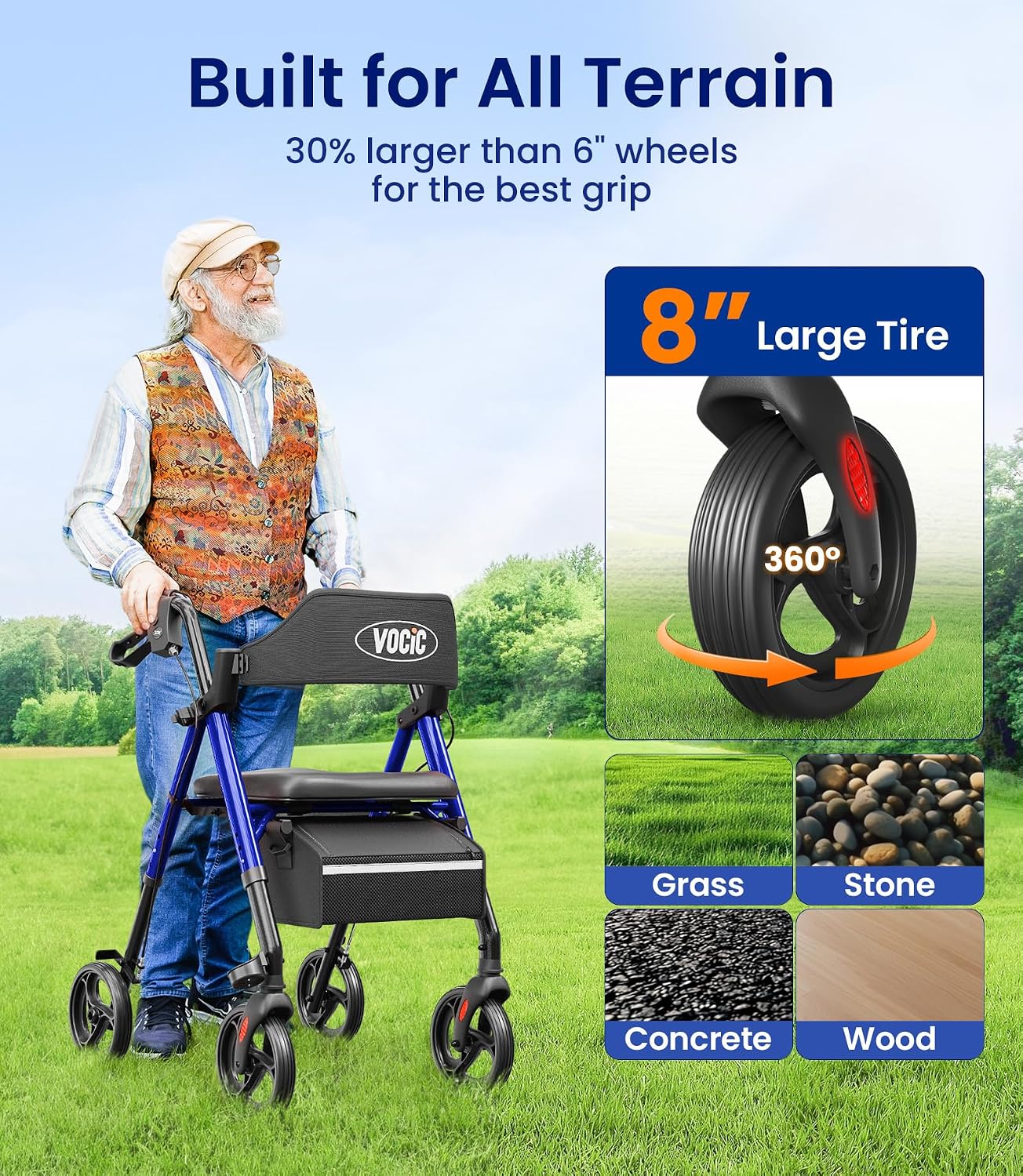 Walkers for Seniors, Z21 Rollator Walker with Seat Supports 350lb, 8" Big Wheels for All Terrain, Ergonomic Arc Seat
