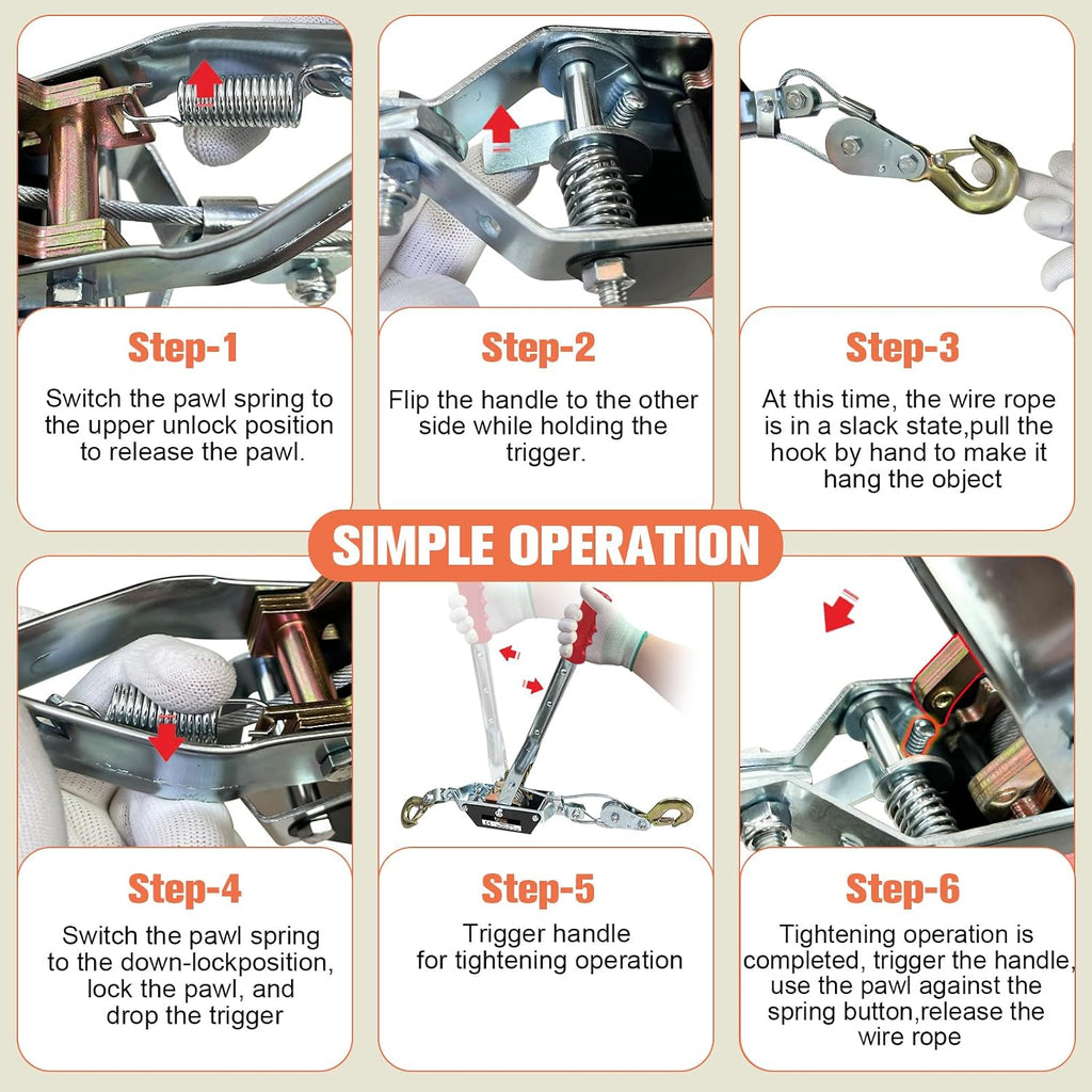 2-Ton Come Along Winch Heavy Duty 11ft Steel Cable Come Along Cable Puller with 2 Hooks Dual-Gear Come Along Tool for