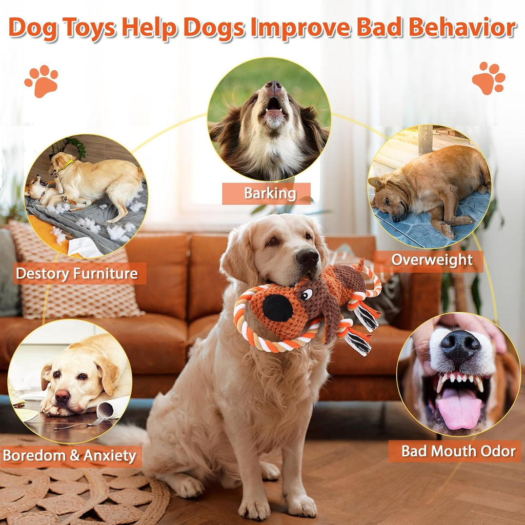 Interactive Dog Toys for Large Dogs - Durable Rope Tug of War Toy with Squeaker & Crinkle - Tough Plush Chew Toys for