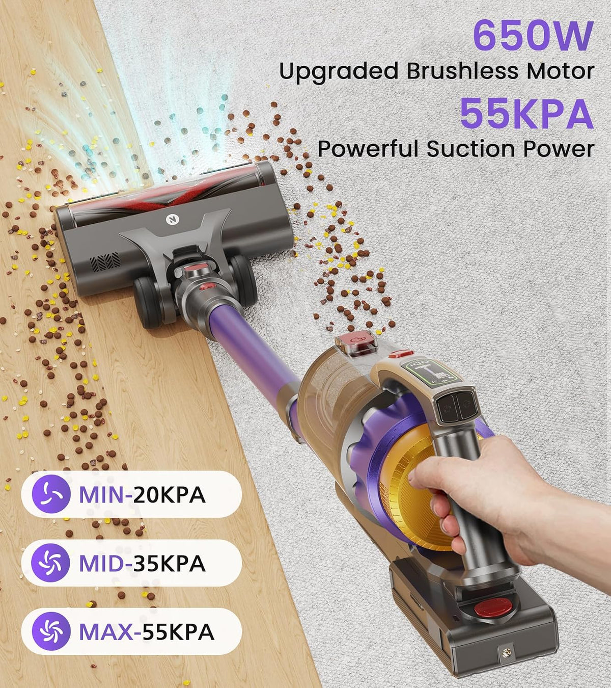 Cordless Vacuum Cleaner, 650W 55KPa 70 Mins Self-Standing Stick Vacuum, Lightweight Vacuum for Everyone, Anti-Tangle