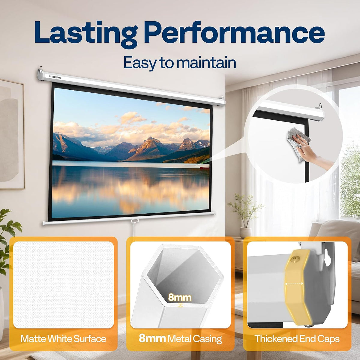 72 Inch 16:9 Pull Down Projector Screen, White | Manual Retractable 4K Projection Screen for Home Theater, Roll Up