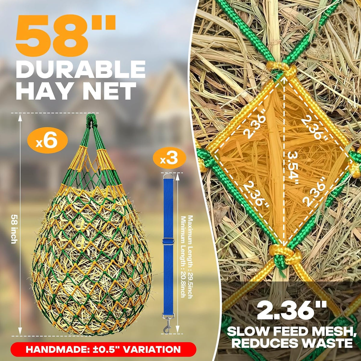 Hay Nets for Horses & Goats, 6 Pack Slow Feed Hay Bags, 3-4 Flakes
