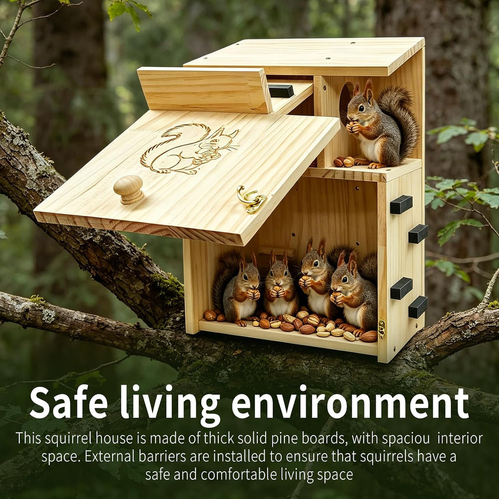 Large Wooden Squirrel Houses for Outside，Squirrel House with Dual Balconies，Predator Guard Squirrels Nesting Box，The
