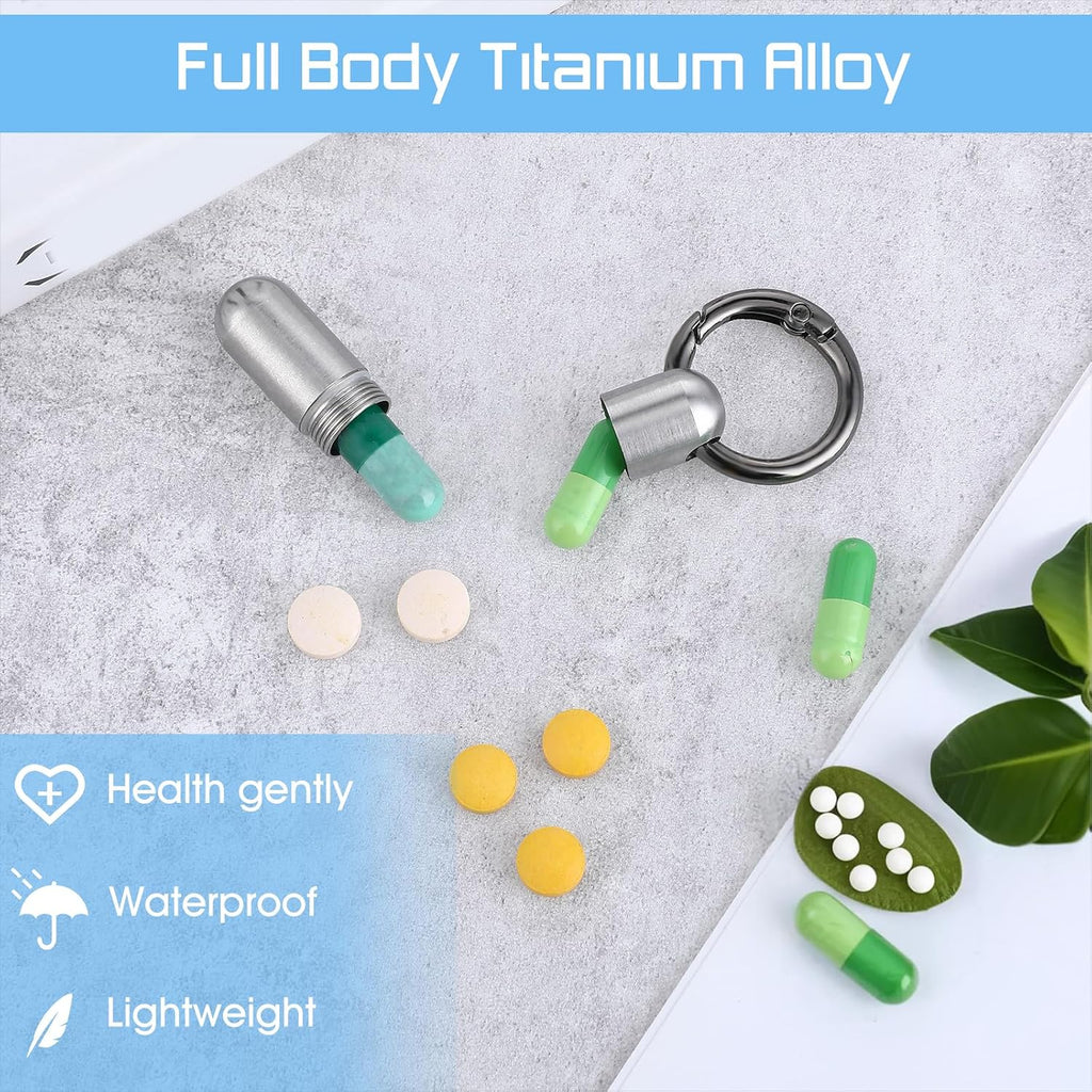Small Pill Case Keychain Portable Waterproof Titanium Pocket Pill Organizer Tiny Pill Holder Bottle Carabiner Clip