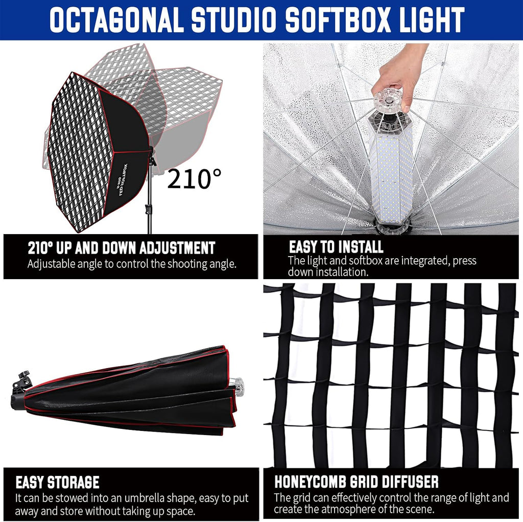 110W Octagonal Parabolic Softbox Lighting Kit with Honeycomb Grid | 37.4 " Large Soft Box with Remote Control/Stand