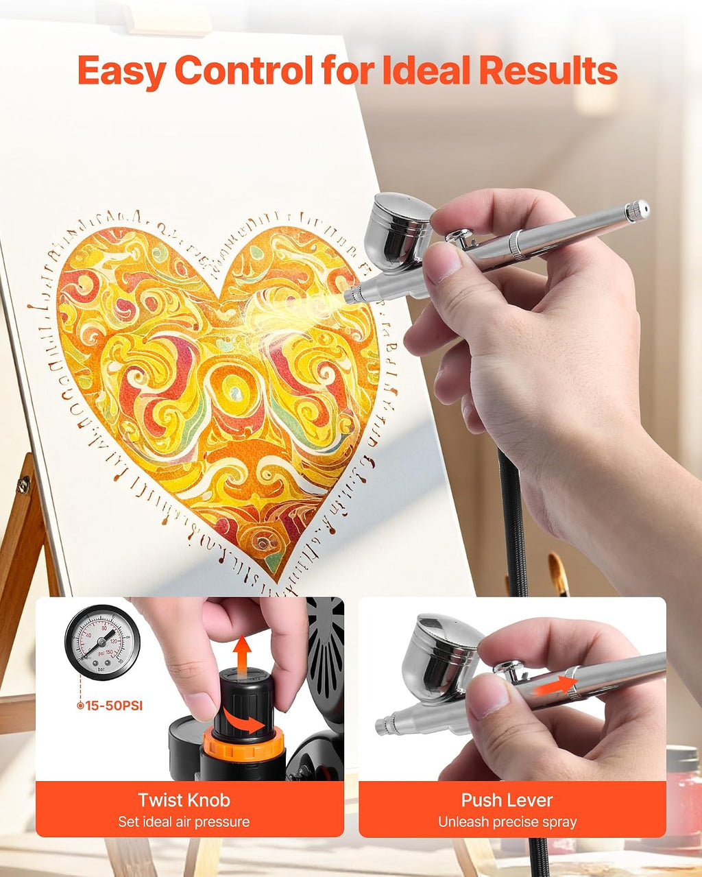 Airbrush Kit, 1/6 HP, Air Brush Kit with Air Compressor and Tank, 3 Dual-Action Professional Airbrushes with 3 Tips