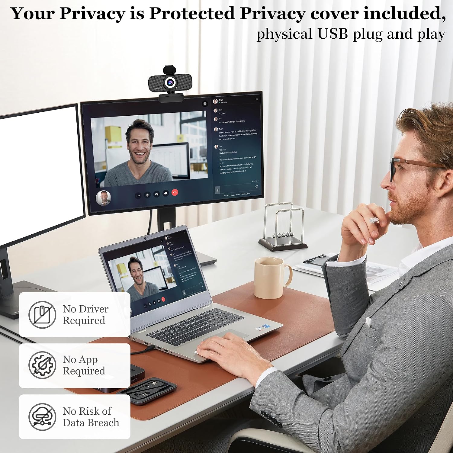 Full HD 1080P Webcam, Black, with Privacy Cover, Noise Cancellation, Auto Focus