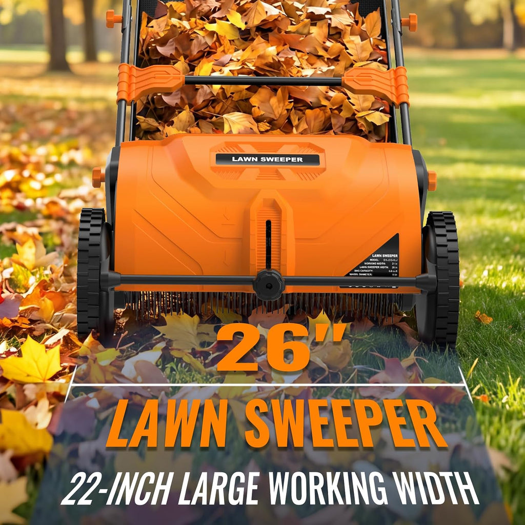 26 Inch Push Lawn Sweeper, 3.8 Cu. ft Grass Cutter, Hopper Bag