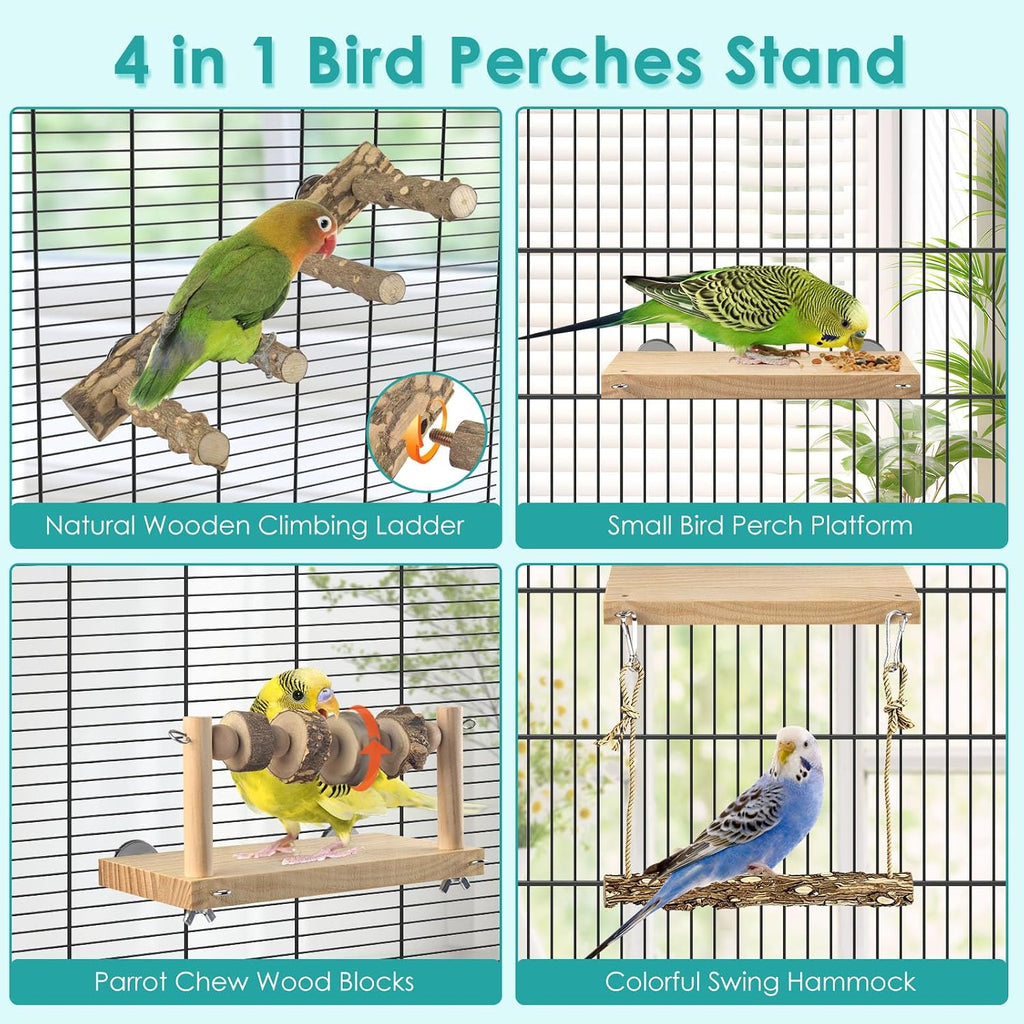4 Pcs Bird Perch with Swing, Parrot Ladder Perches with Chew Blocks Birds Cage Play Gym Accessories for Conure