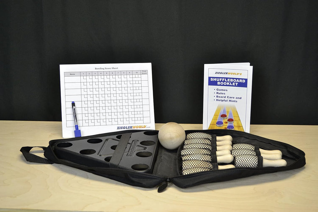 Table Shuffleboard Bowling Brown Pins - Pinsetter - Rules Booklet - Score Chart - Carrier Bag & Wood Ball