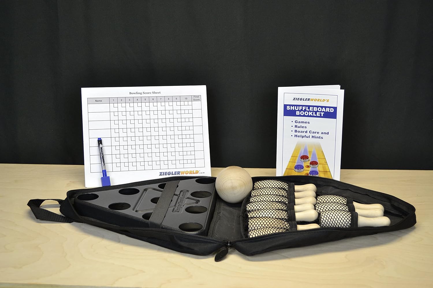 Table Shuffleboard Bowling Brown Pins - Pinsetter - Rules Booklet - Score Chart - Carrier Bag & Wood Ball