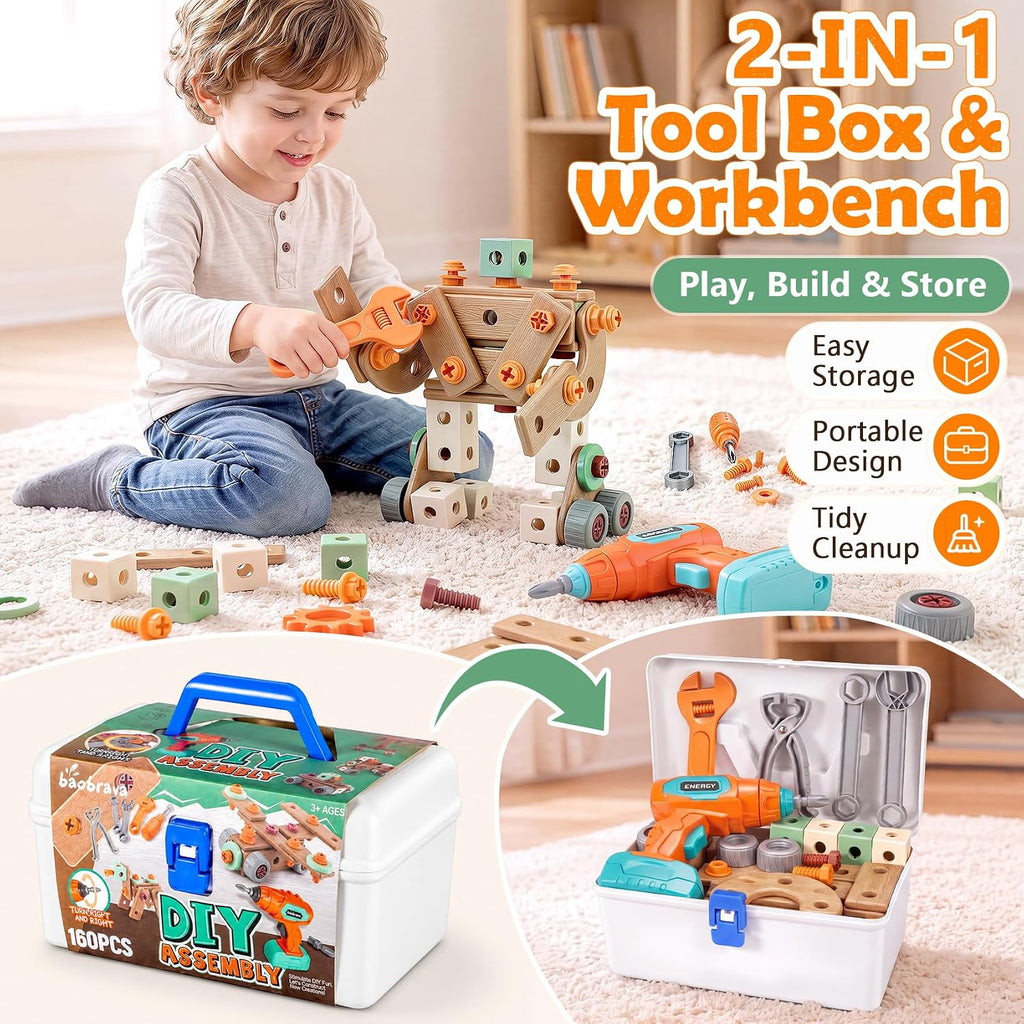 Kids Tool Set with Drill & Toolbox, 160PCS STEM Construction Building Toys