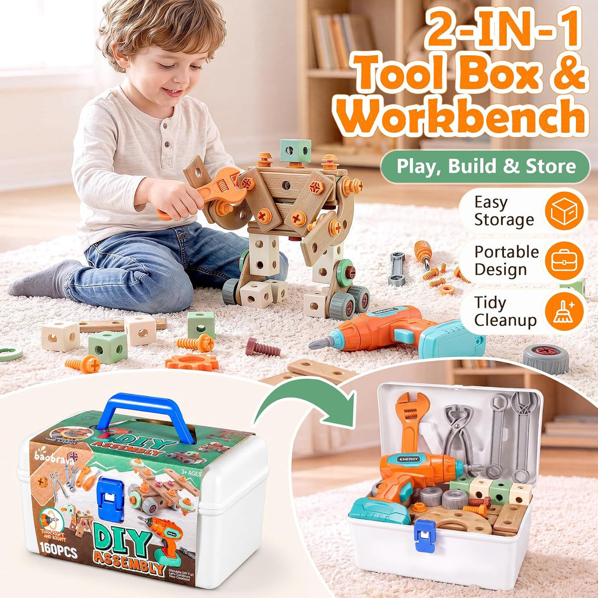 Kids Tool Set with Drill & Toolbox, 160PCS STEM Construction Building Toys