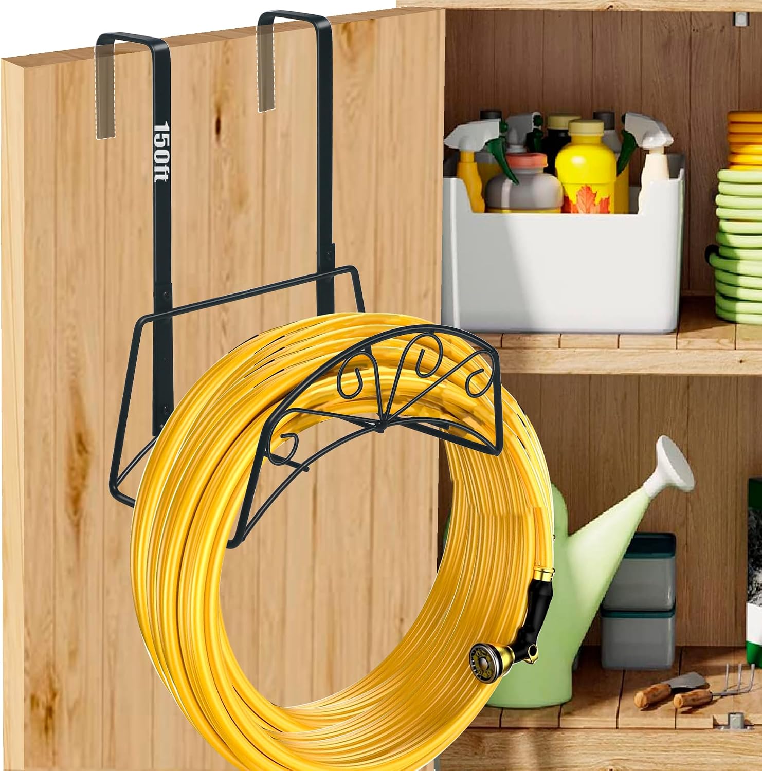 Garden Hose Holder for Outside Yard Hang Over the Door and Fence, Holds Up to 150Ft, Black