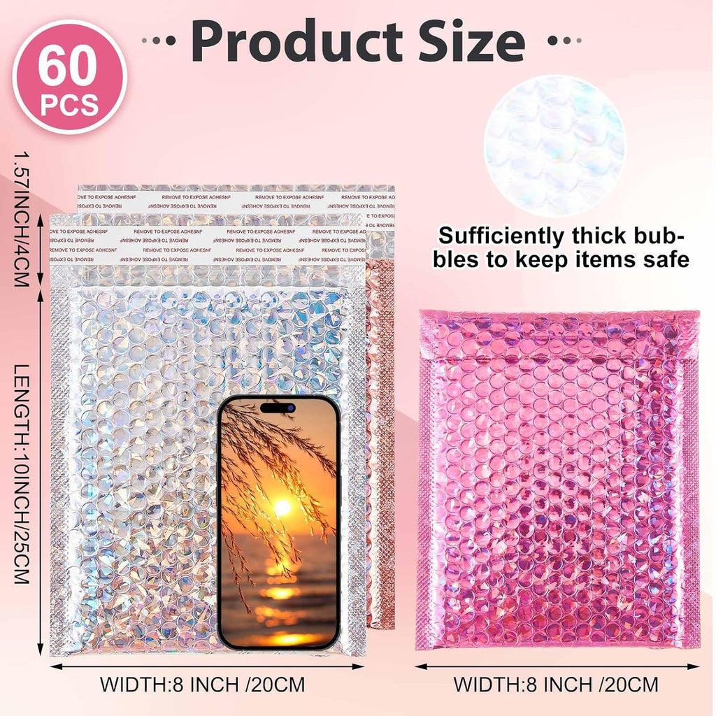 60 Pcs 8 x 11.5 Inch Holographic Bubble Mailer Usable Size 7" x 10"