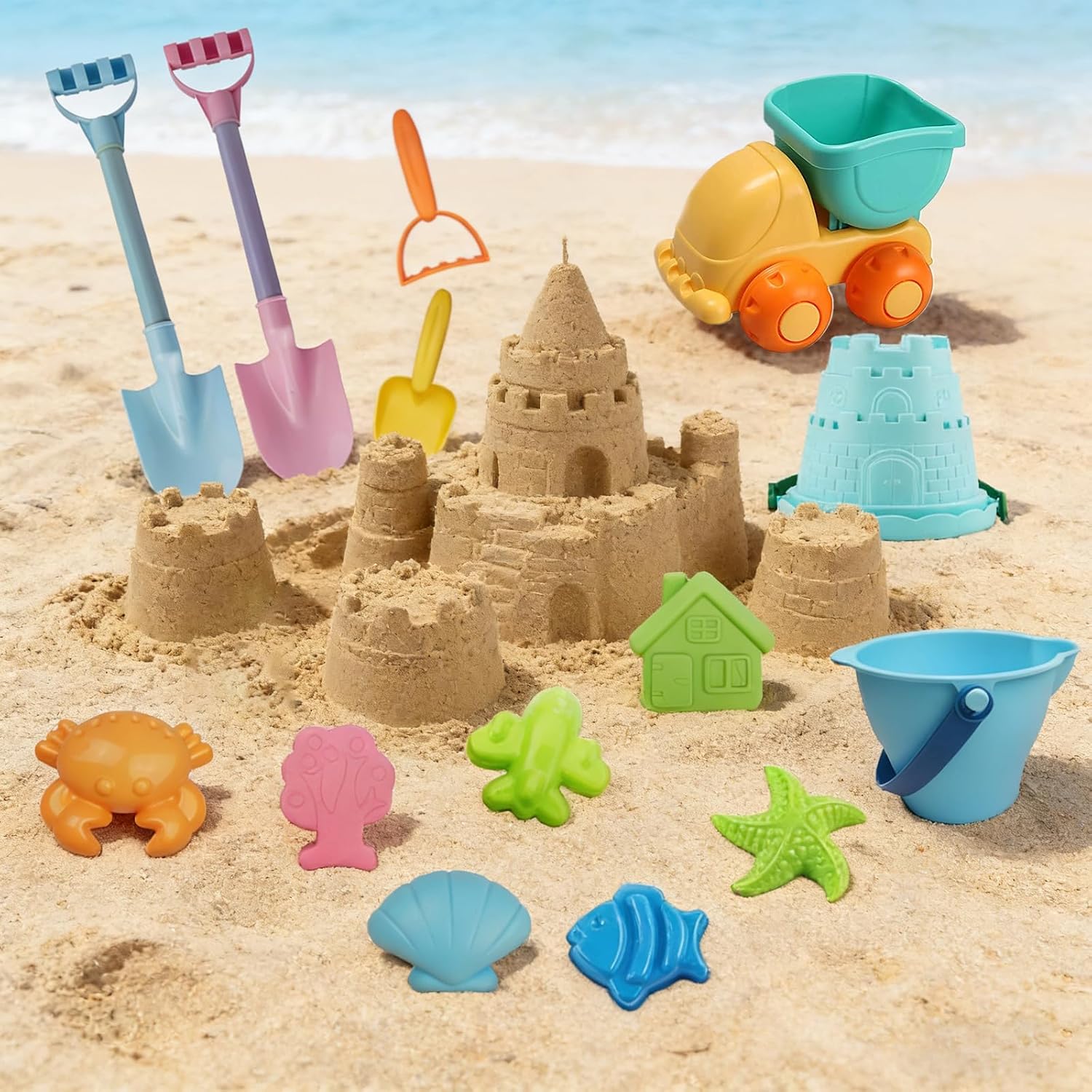 Long Shovels Sand Toys Set with Mesh Bag Including Dump Truck, Beach Buckets, Shovels, Rakes, Molds, Outdoor Beach