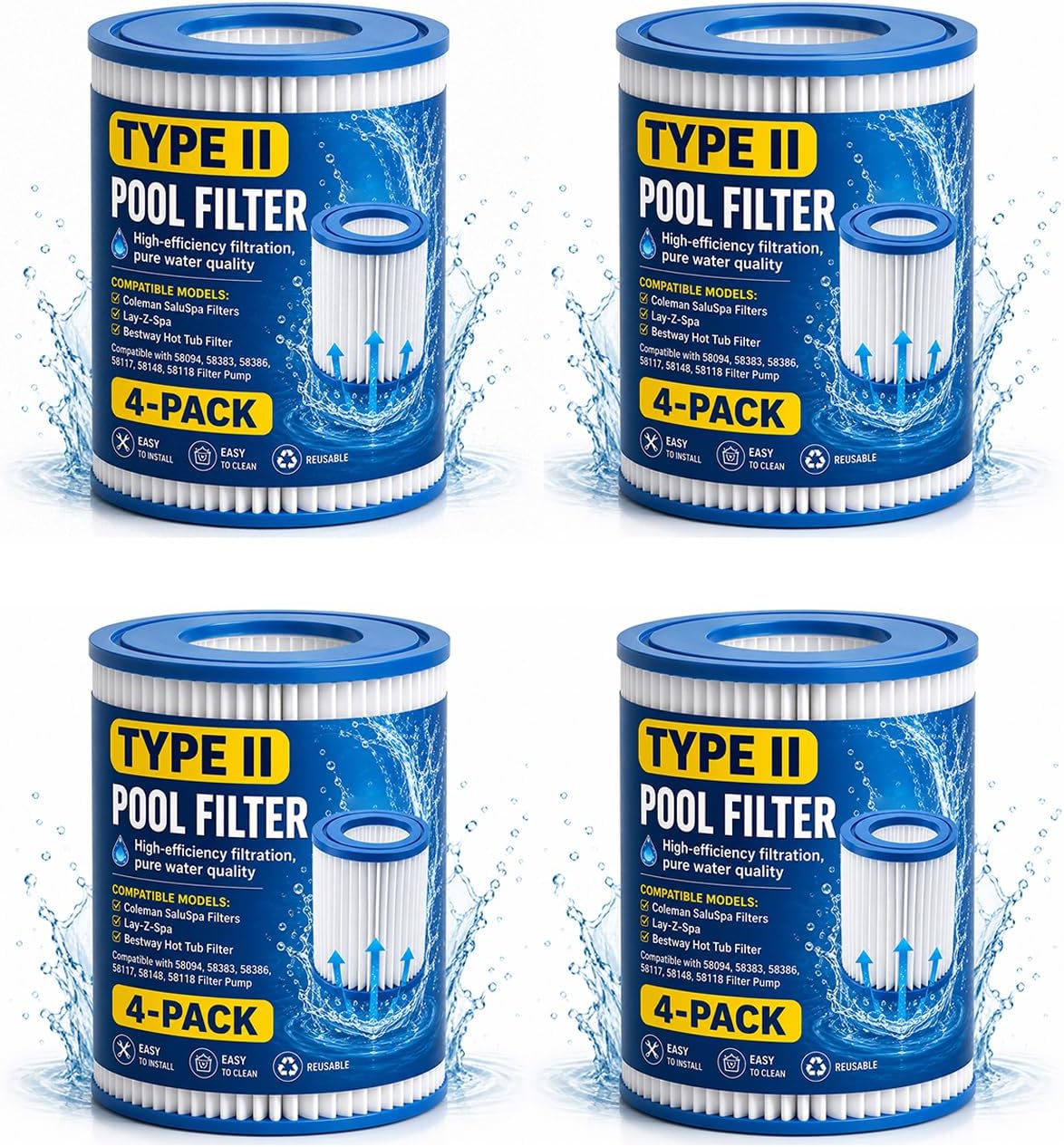 4 Pack Type II Pool Filter Cartridge Replacement, High-Efficiency Filter for 58094 Pumps, Compatible with Lay-Z-Spa