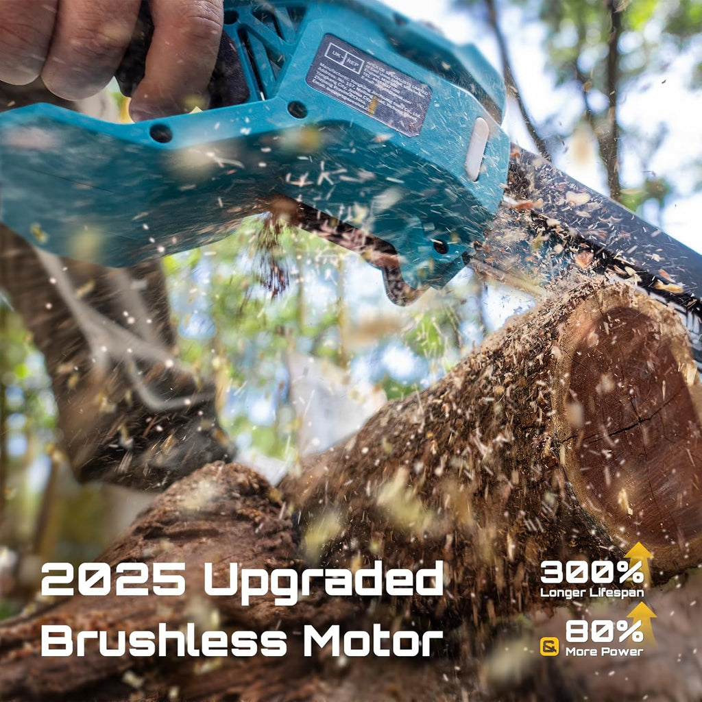 Flagship 8-Inch Cordless Mini Chainsaw, Upgraded Brushless Motor | Electric Chainsaw with 2×4000mAh Batteries