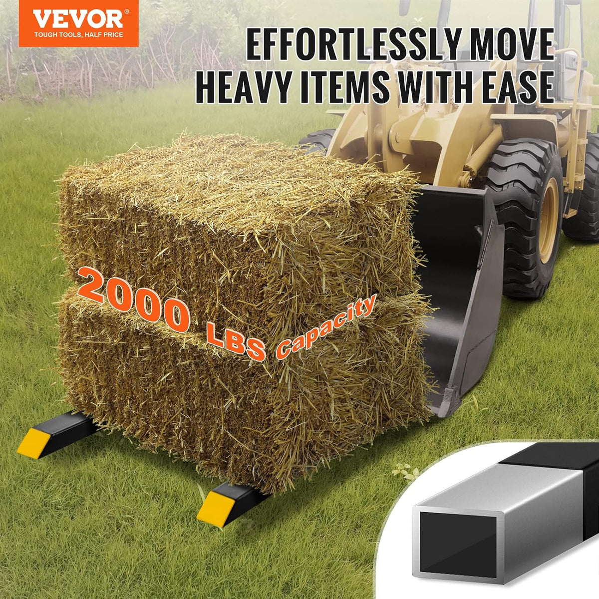 Pallet Forks, 2000 lbs Clamp on, 60" Total Length | Heavy Duty, Adjustable Stabilizer Bar