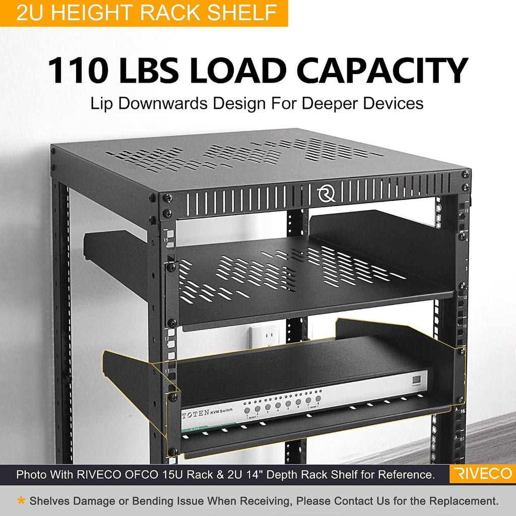 RIVECO 2U 14" Vented Rack Shelf for 19" Server Network Cabinet Black