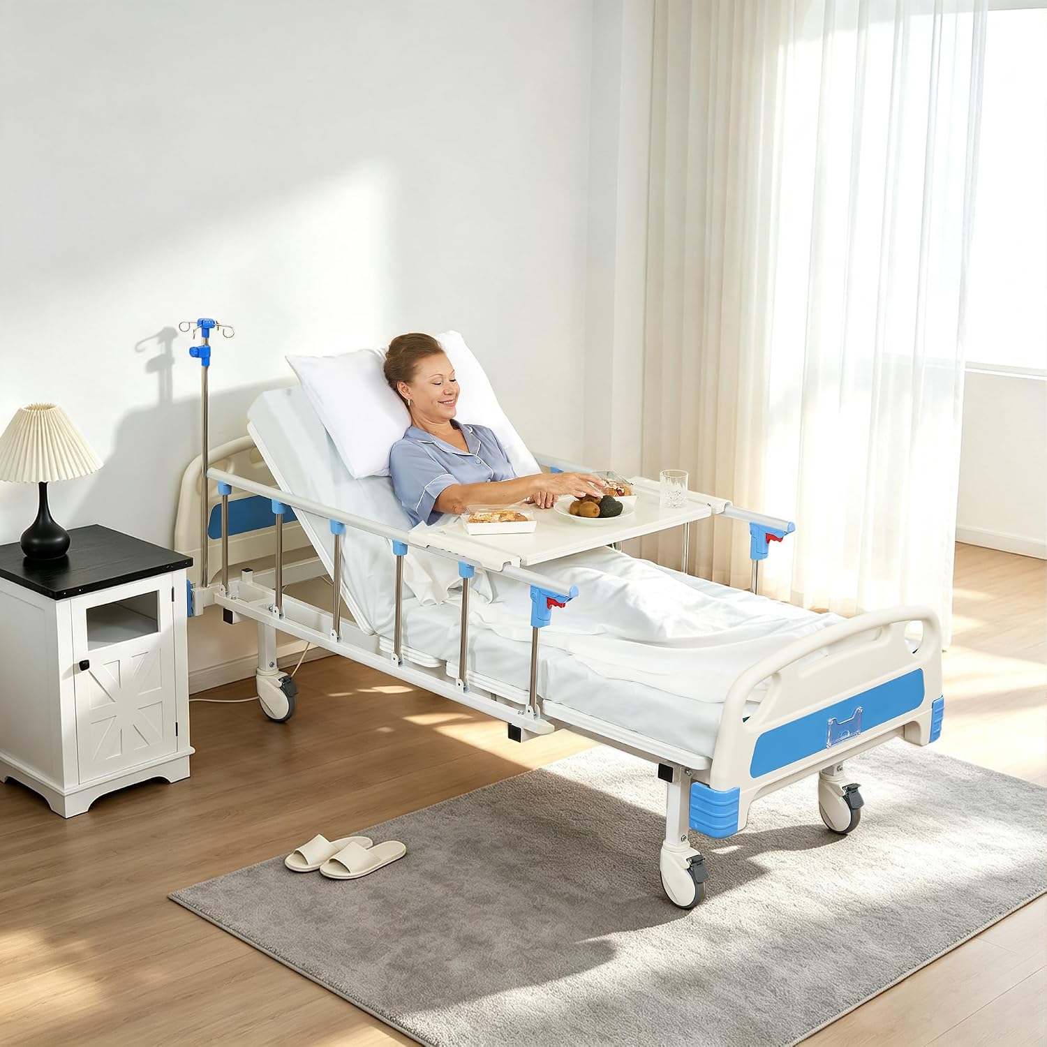 Premium 2 Function Full Electric Hospital Bed, ICU Electric Medical Bed with 4 inch Foam Mattress & IV Pole, Dining