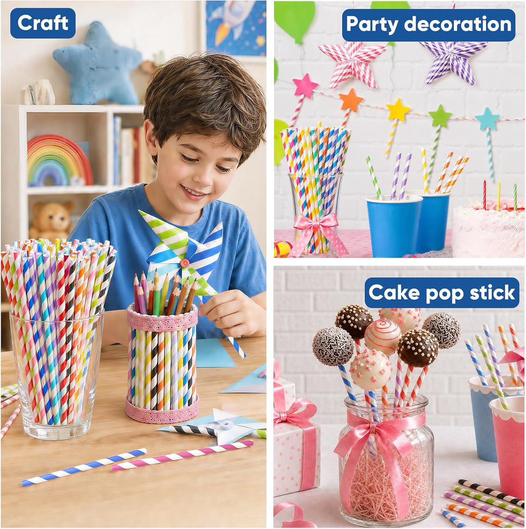 7.75" Striped Colorful Paper Straws Bulk 500ct - 10 Cute Fun Rainbow Colors
