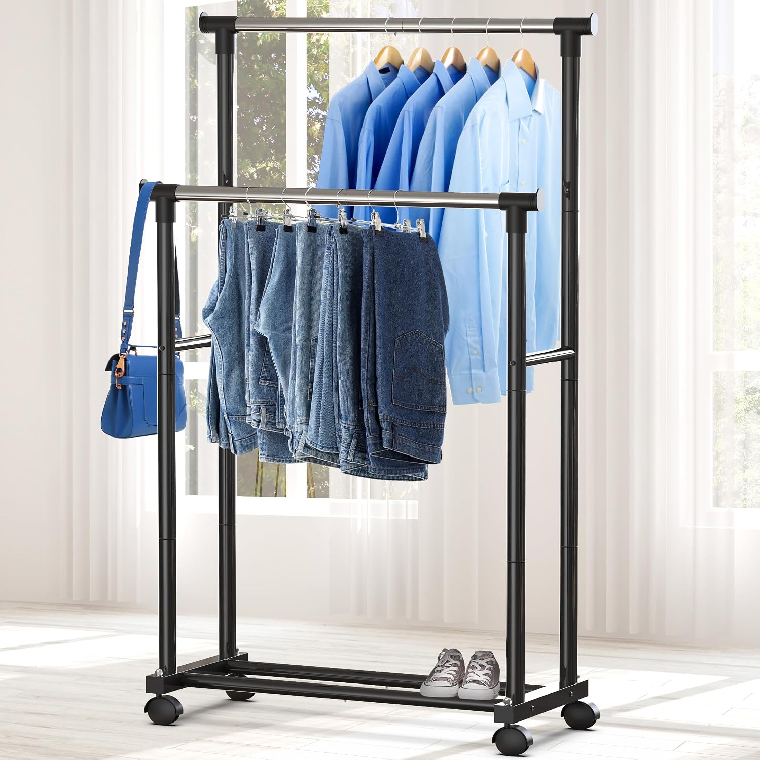 Double Rods Clothing Hanging Rack on Wheels, Black | Metal Rolling Garment Rack