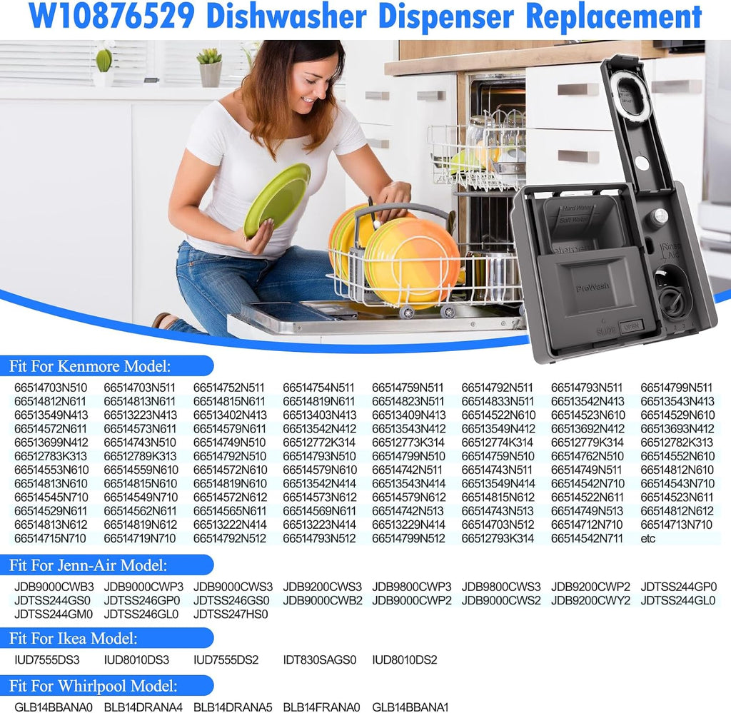 Upgraded W10876529 Dishwasher Detergent Dispenser Compatible with Whirlpool Kenmore Jenn-Air Dishwasher Soap Dispenser Replacement Parts W10620297 W10620299 AP6024305 PS11738149 Rinse Aid Dispenser