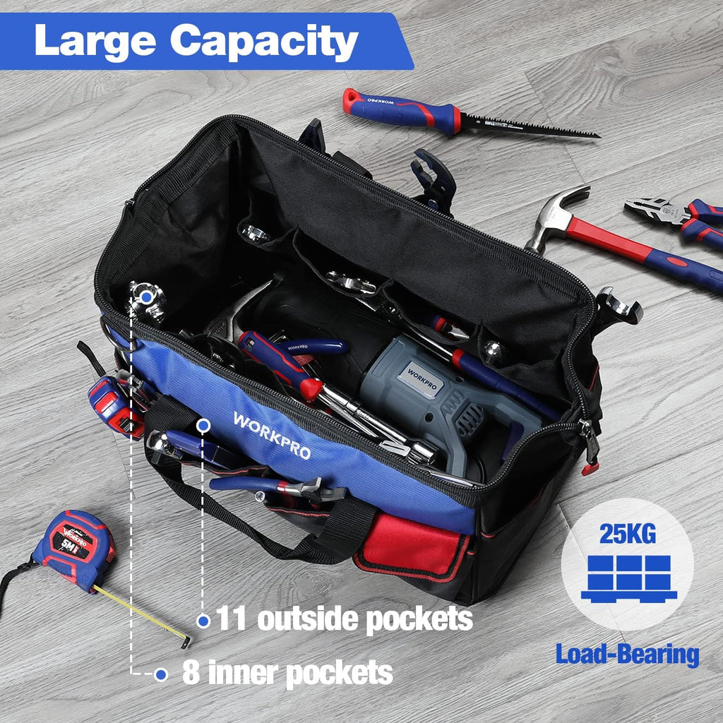 Tool Bag, 18 Inch Tool Bag with Waterproof Molded Base, Open Top Tool Organizer Bag with 20 Pockets, Adjustable