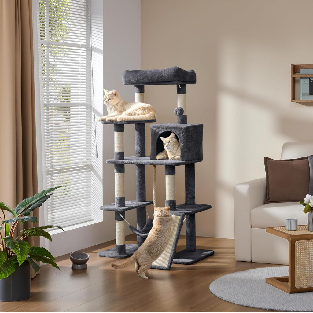 54in Cat Tree Tower for Large Cats, Multi-Level Condo & Hammock