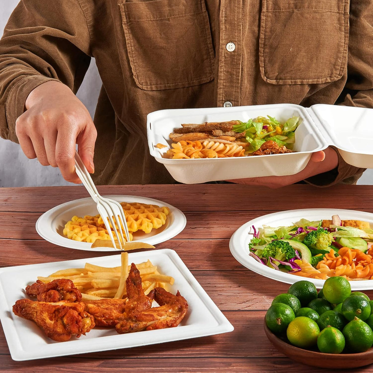 50 Pack Compostable Clamshell Take Out Food Containers, 8 inch
