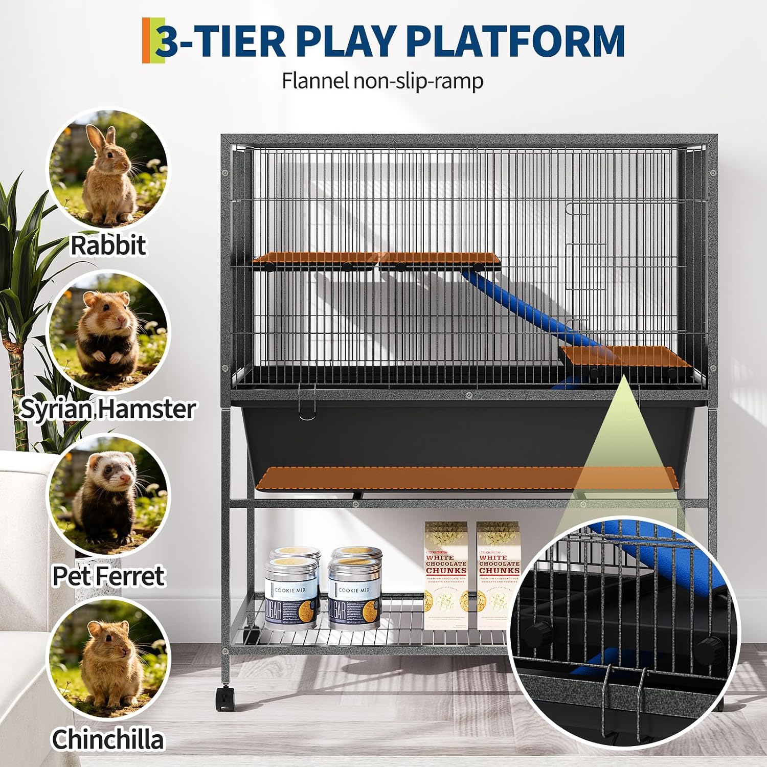 Ferret Cage, 40.4" h Large Ferret Nation Cage with 3 Removable Platforms, Deep Tray, Storage Shelf, Metal Small