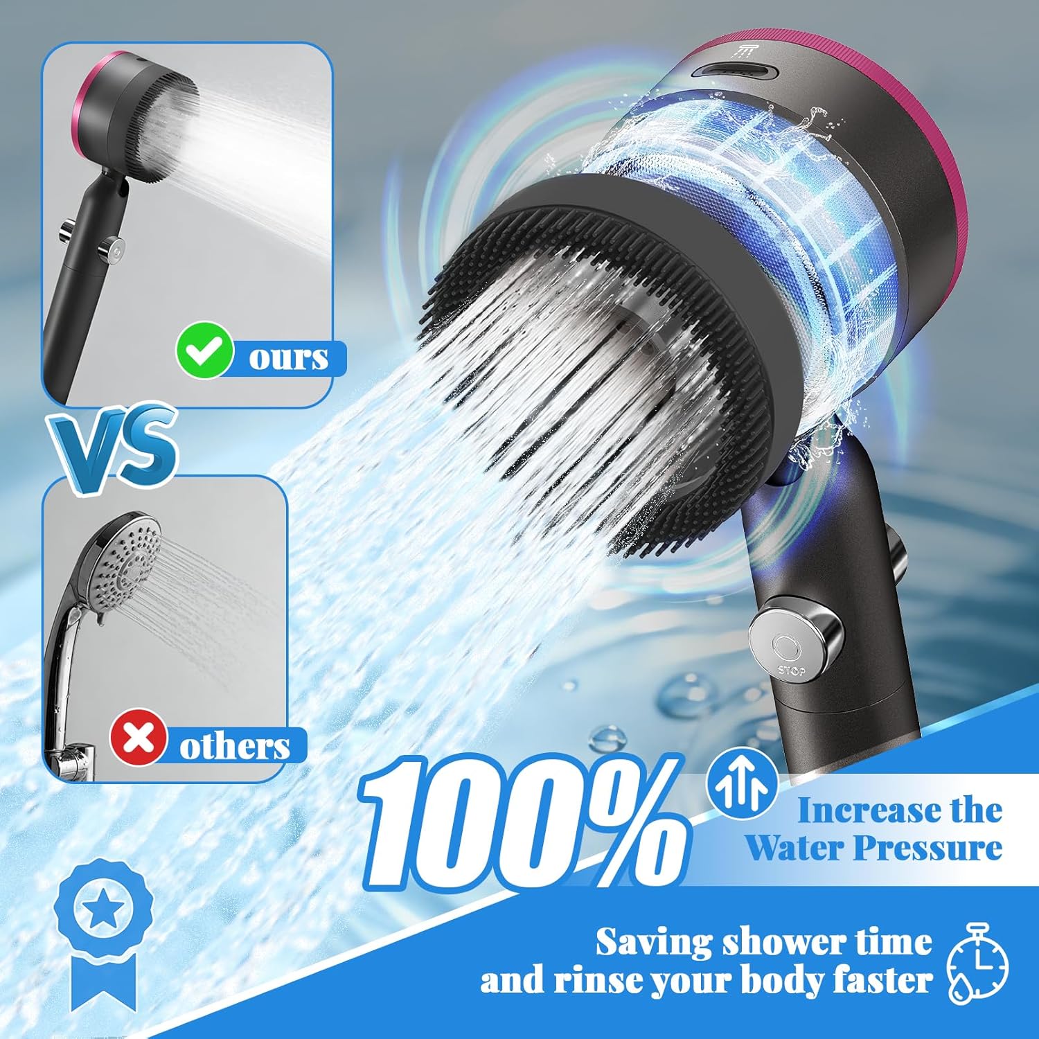 Filtered Handheld Shower Head, High Pressure Power Showerhead with 5 Filters & 59" Flexible Hose, 360° Rotating