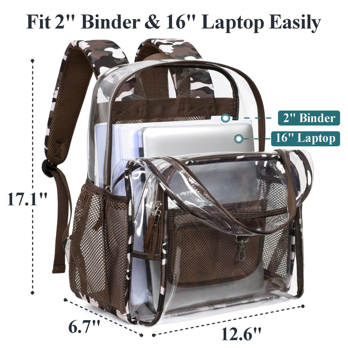 Clear Backpack - 17 inch Camouflage Patterned School Bookbag, Brown