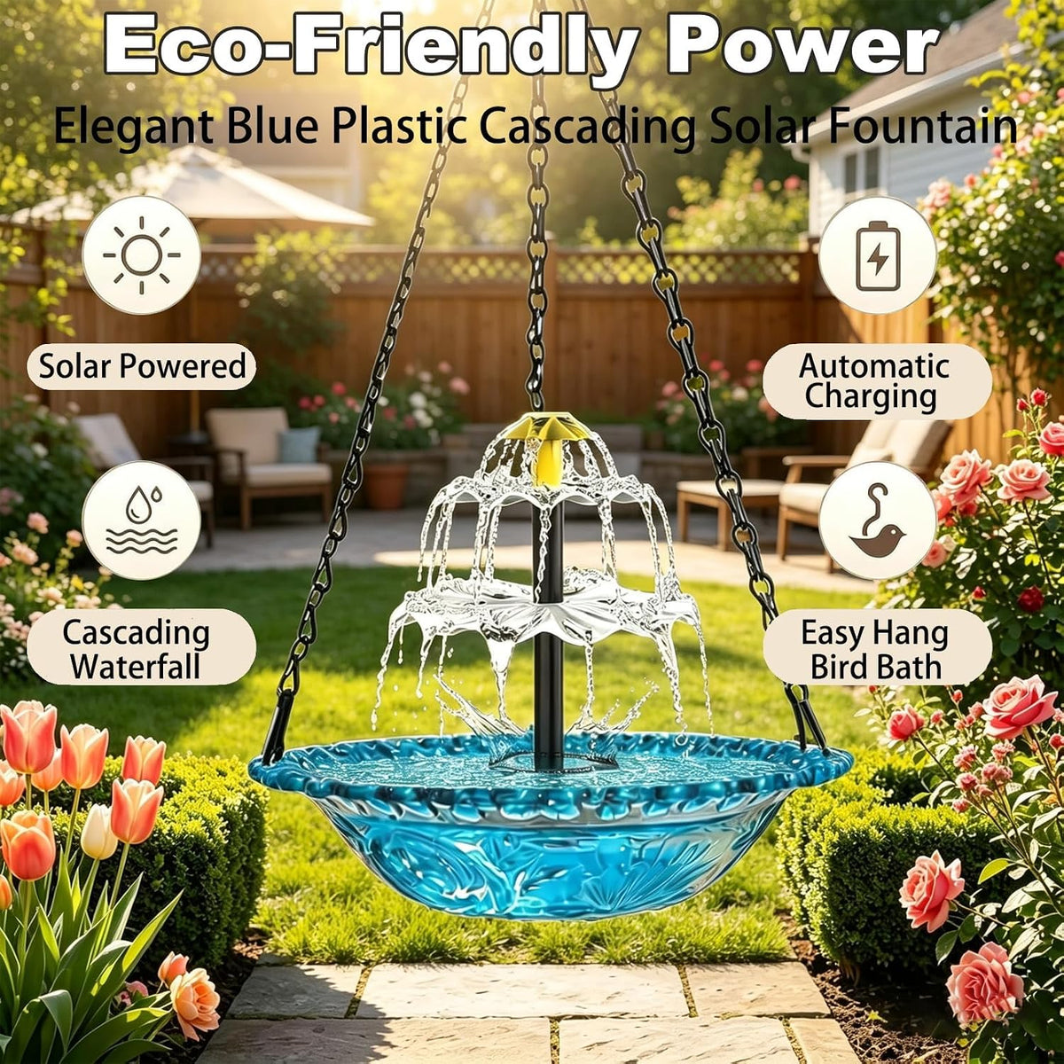 Solar Cascade Hanging Bird Bath Fountain for Outdoors, Gardens (Blue)
