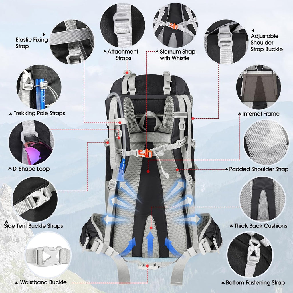 60L Hiking Backpack Waterproof Camping Backpack with Rain Cover Large Lightweight Backpacking Backpack for Men Women