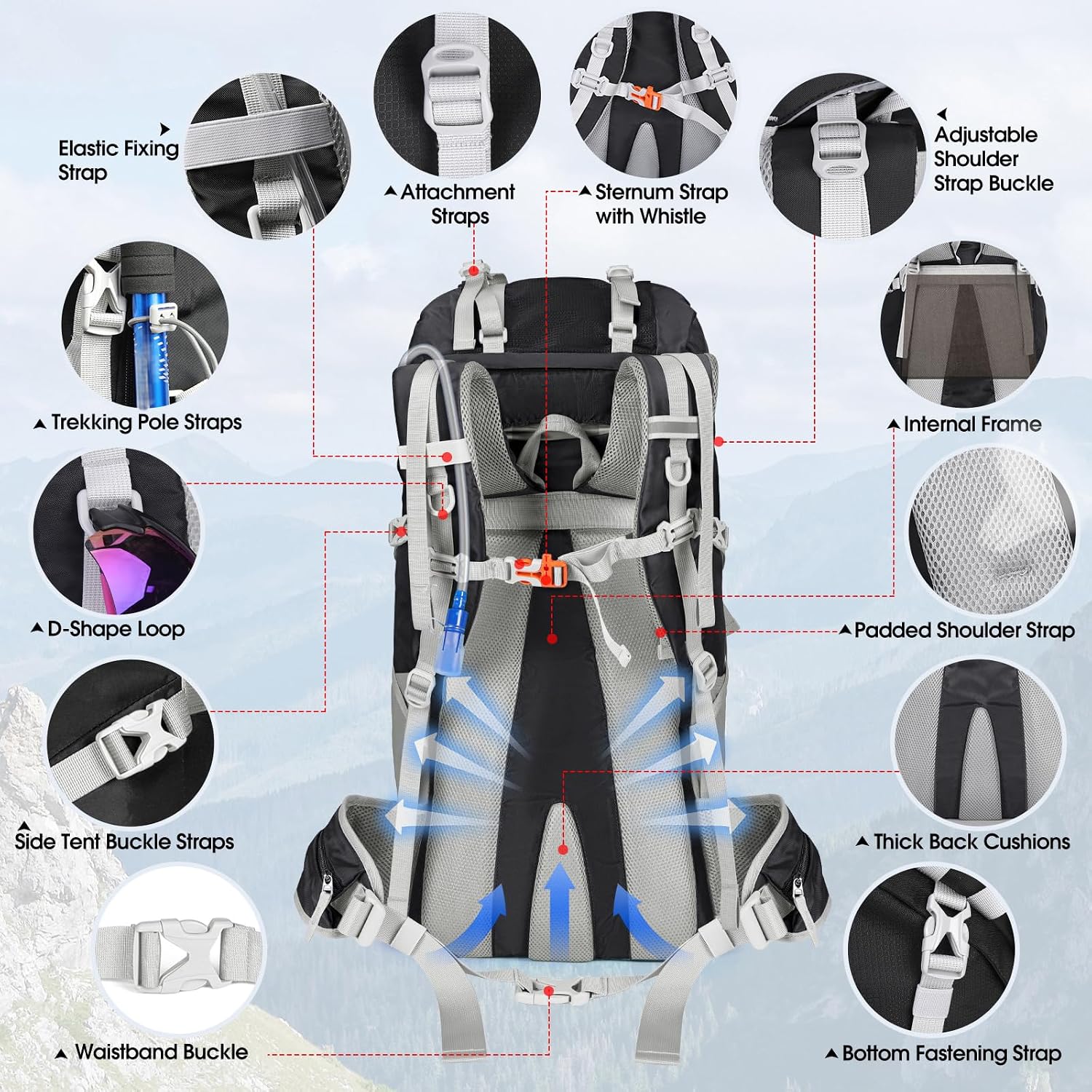 60L Hiking Backpack Waterproof Camping Backpack with Rain Cover Large Lightweight Backpacking Backpack for Men Women