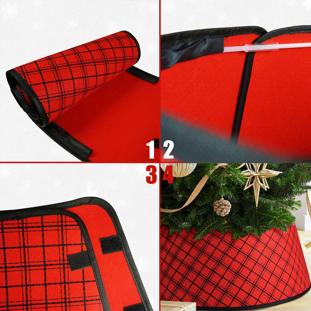 Christmas Tree Collar 25 Inch, Plaid Tree Skirt, Country Rustic Holiday Indoor Decorations, Red & Black（1PS）