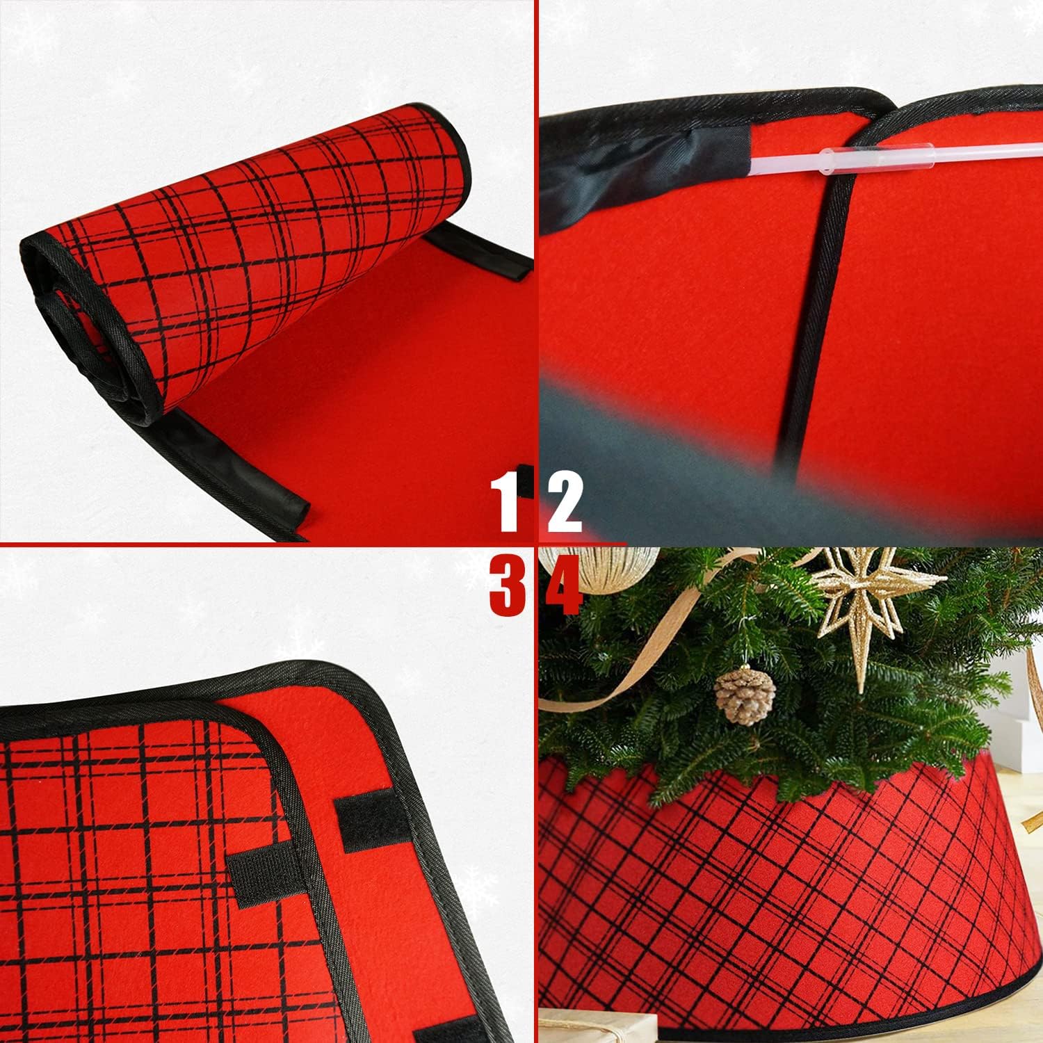 Christmas Tree Collar 25 Inch, Plaid Tree Skirt, Country Rustic Holiday Indoor Decorations, Red & Black（1PS）