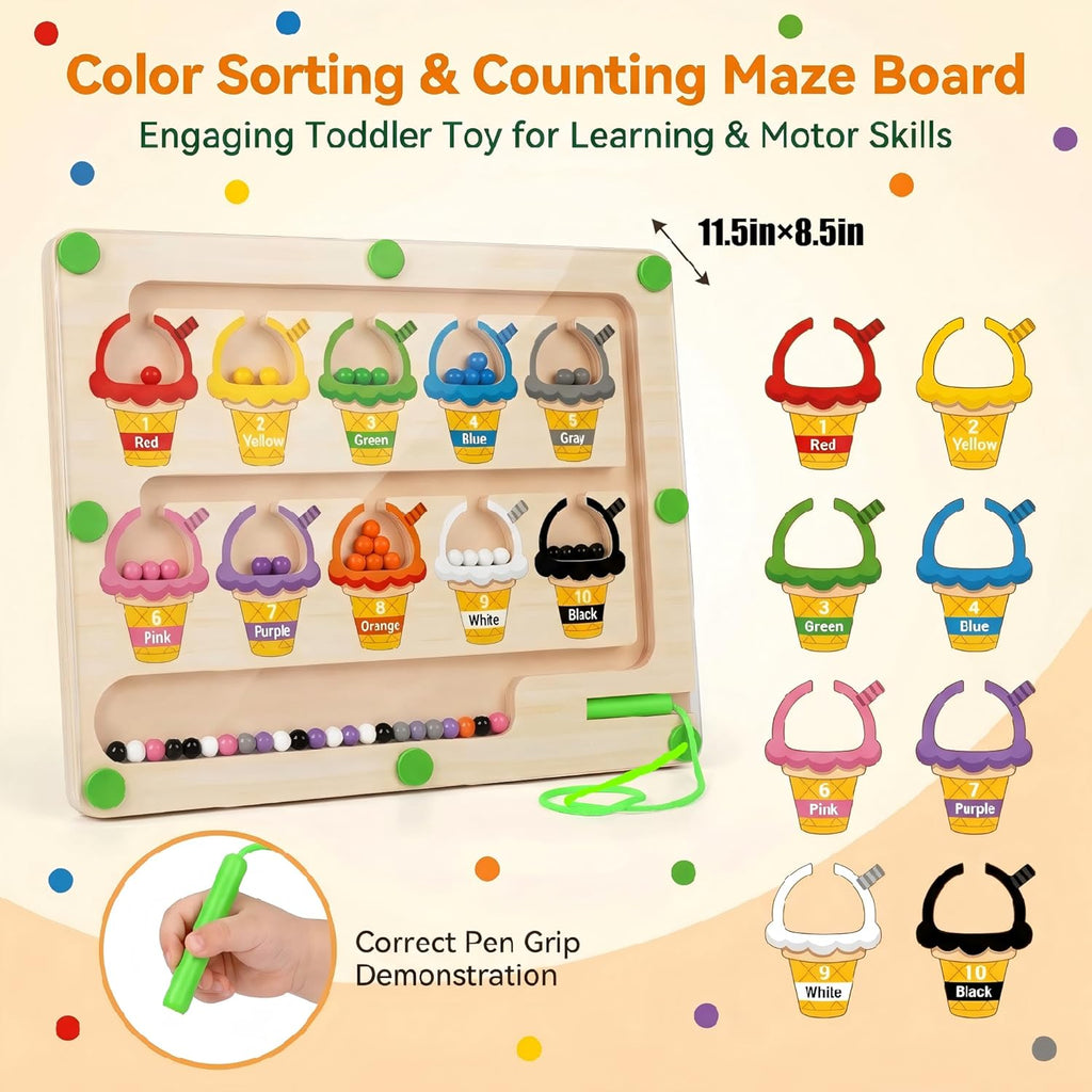 Magnetic Color & Number Maze, Montessori Wooden Puzzle Board, Educational Magnet Toy for Toddlers 2 3 4 5 Years Old