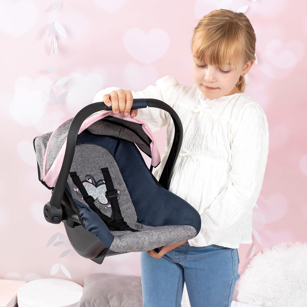 Design Dolls: Car Seat - Grey, Blue, Pink Butterfly - Fits Dolls Up to 18' Kids Pretend Play, Safety Belt, Sun